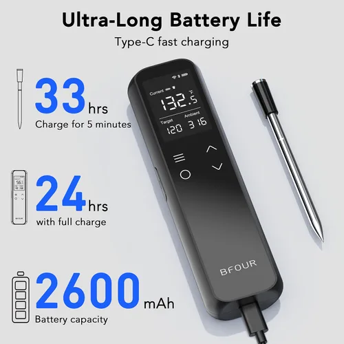 Vista 7 de BFOUR Termómetro inalámbrico para carne Bluetooth con base digital independiente, rango ilimitado WiFi, sensor de precisión 6, impermeable IP67