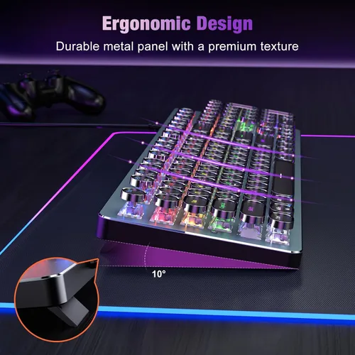 Vista 6 de RisoPhy Teclado mecánico para juegos estilo máquina de escribir, panel de metal, teclas redondas punk retro, interruptor azul clicky