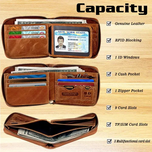 Vista 44 de Admetus Billeteras con bloqueo RFID para hombre, billetera de cuero con cremallera para hombres con tarjetero RFID plegable