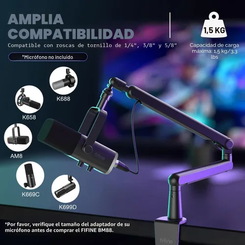 Vista 4 de FIFINE Brazo de brazo de micrófono, soporte de brazo de micrófono ajustable de perfil bajo con abrazadera de montaje de escritorio, adaptador