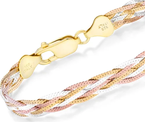 Vista 4 de MiaBella Tri-Color 18K Gold Over 925 Sterling Silver Italian 6-Strand 7mm Braided Herringbone Chain Bracelet for Women Teen Girls Made in Italy