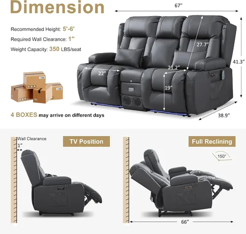 Vista 3 de URRED Sofá reclinable Power Loveseat con masaje y calor, gris ceniza