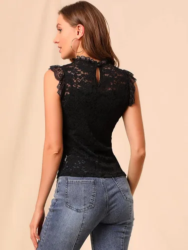 Vista 5 de Allegra K Blusa sin mangas para mujer con volantes semitransparentes y encaje floral