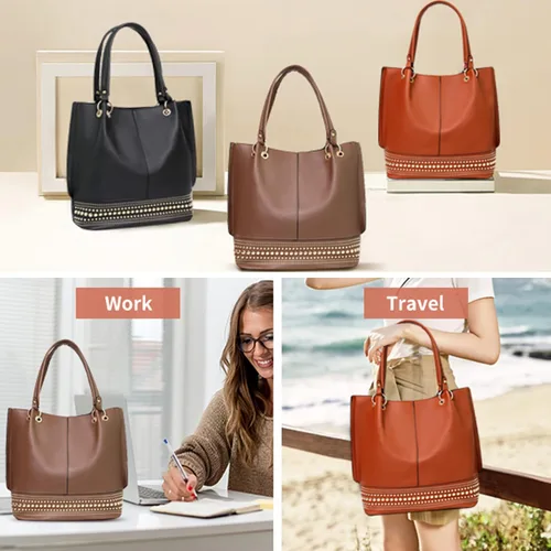 Vista 3 de HimmLig Juego de bolsas de mano para mujer, bolso grande y bolso de mano de cuero vegano, bolsa de hombro, bolsa cruzada, juego de 3 piezas