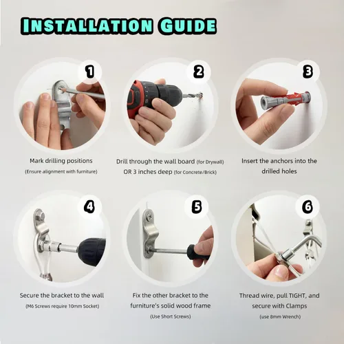 Vista 8 de Anclajes para muebles a prueba de bebés, anclajes de pared para muebles antipuntas para asegurar la cómoda y la estantería, kit de correas