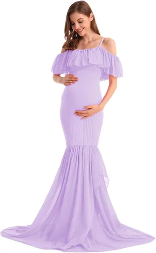 Vista 27 de MYRISAM Vestido de maternidad con volantes y hombros descubiertos para mujer, vestido de fiesta de sirena de gasa, vestido ajustado