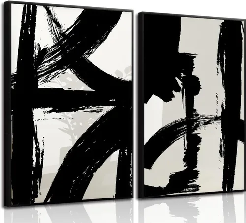 Vista 10 de BOKPEN Arte de pared de lienzo abstracto en blanco y negro, pinturas minimalistas de líneas, obras de arte, póster geométrico de mediados de siglo
