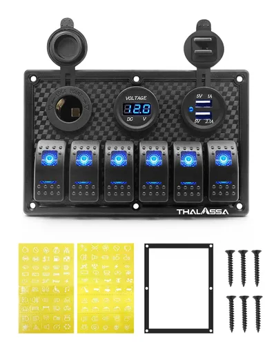 Vista 6 de Panel de interruptor basculante impermeable de 6 posiciones con pantalla digital LED azul, voltímetro, doble puerto de carga USB de 5 V, toma