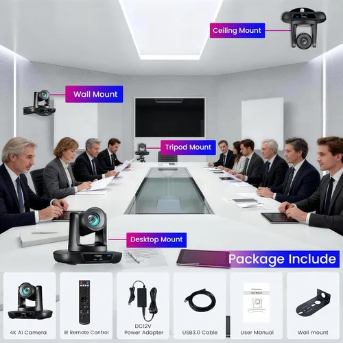 Vista 9 de Cámara PTZ 4K UHD con seguimiento automático AI, zoom óptico 20X, USB3.0/HDMI/LAN PoE, transmisión en vivo IP, cámara de sala de conferencias PTZ