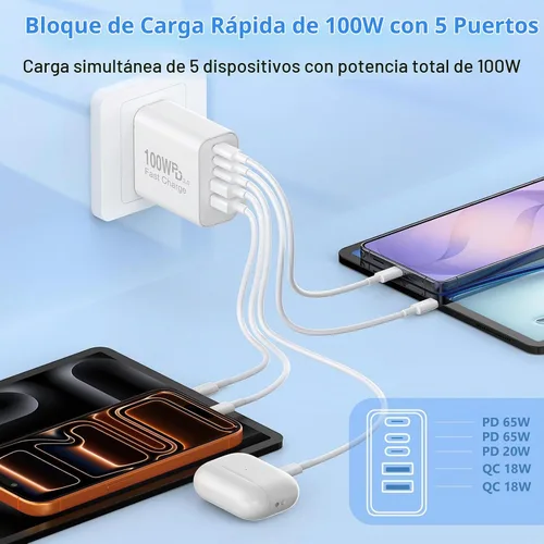 Vista 3 de QZIIW Bloque de cargador rápido de pared USB C de 100W, bloque de carga Blanco