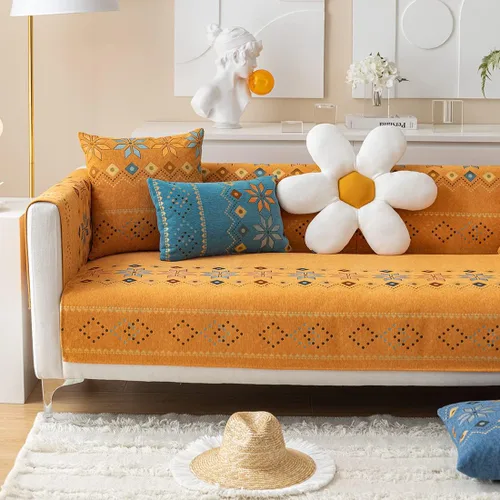 Vista 5 de Funda de sofá de chenilla para sofá modular, diseño geométrico bohemio y jacquard antideslizante, protector de muebles para niños, perros y Naranja