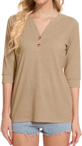 Vista 2 de Dimur Camisetas de manga 3/4 con cuello en V y botones para mujer, traje casual de negocios, camiseta básica de verano 2025