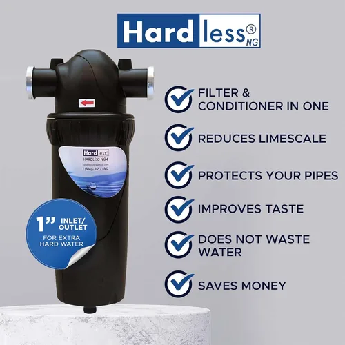 Vista 2 de Hardless NG4L Filtro de agua para toda la casa – Dispositivo de ablandamiento sin sal – Reduce la cal, los sedimentos y más – Compacto, fácil
