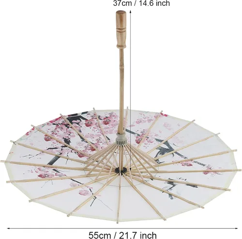 Vista 2 de Paraguas de papel engrasado chino, hecho a mano, diseño de flor de ciruela, flores clásicas, paraguas de papel, para sesiones de fotos, accesorios