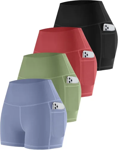 Vista 34 de CHRLEISURE - Pantalones cortos de ciclismo para mujer con bolsillos de licra, cintura alta, con control de abdomen para entrenamiento, yoga