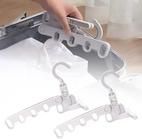 Vista 10 de 2 perchas plegables de viaje, colgador de ropa plegable portátil con 5 agujeros, colgador de ropa montado en la pared, estante de secado plegable