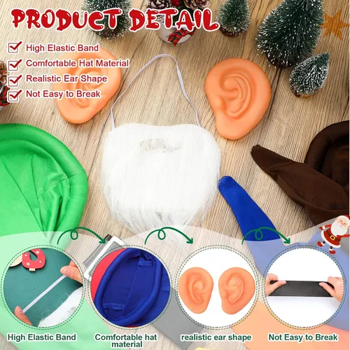 Vista 4 de 28 piezas de accesorios de disfraces enanos, sombreros enanos, orejas falsas, Papá Noel, barba falsa blanca y cinturón negro para disfraces