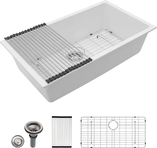 Vista 8 de Dcolora Fregadero de Barra de Composite de Cuarzo de 22 Pulgadas Negro Bajo Encimera Pequeño Fregadero de Cocina de Composite de Granito Prep RV