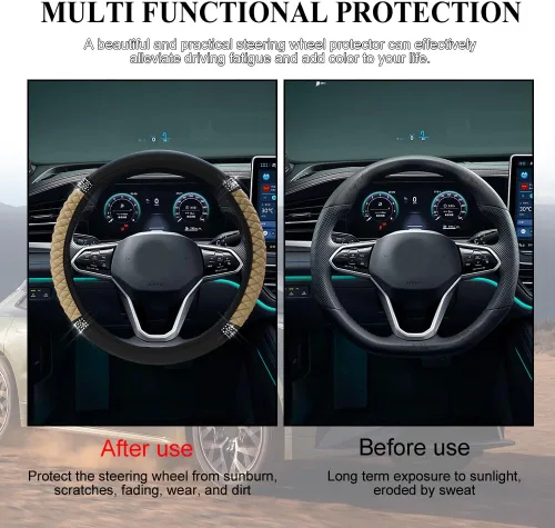 Vista 6 de Funda de Volante de Cuero Suave con Brillos, 15 Pulgadas, con Diamantes de Imitación Coloridos, Protector de Volante Elástico Automático