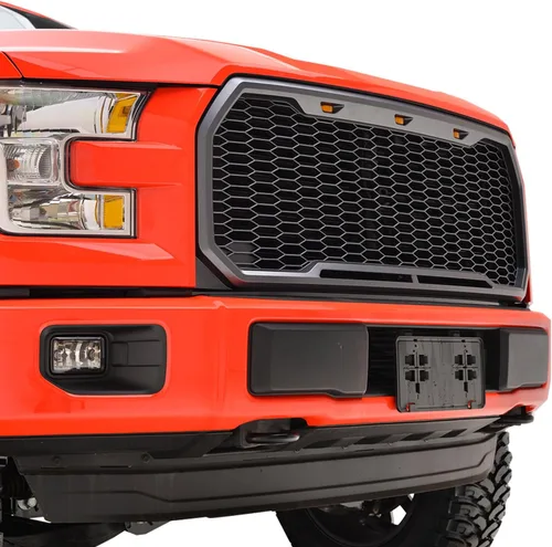 Vista 5 de Rejilla superior delantera apta para F150 2015-2017 con luz ámbar estilo de malla gris