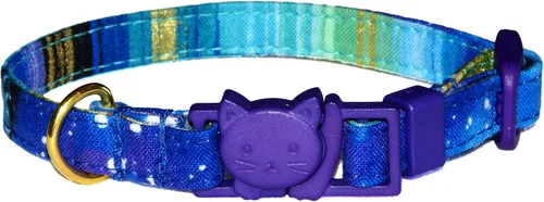 Vista 8 de Collar de gato con galaxia, Cosmos de azul y morado, 100% algodón, 3/8 pulgadas de ancho, 2 tamaños, hebilla de seguridad separable, hecho a mano