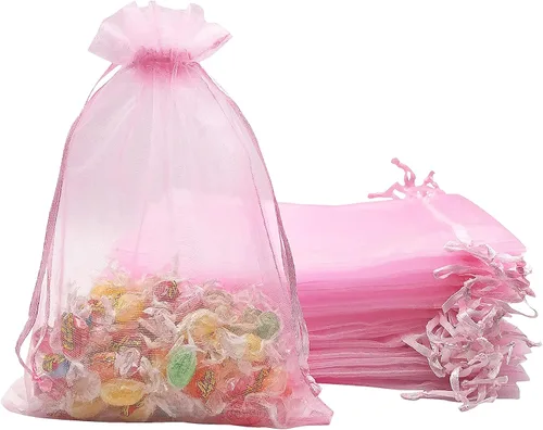 Vista 12 de Jexila 120 bolsas de organza transparente de 5 x 7 pulgadas, bolsas de regalo con cordón de malla pequeñas para joyas, bodas, fiestas, baby shower