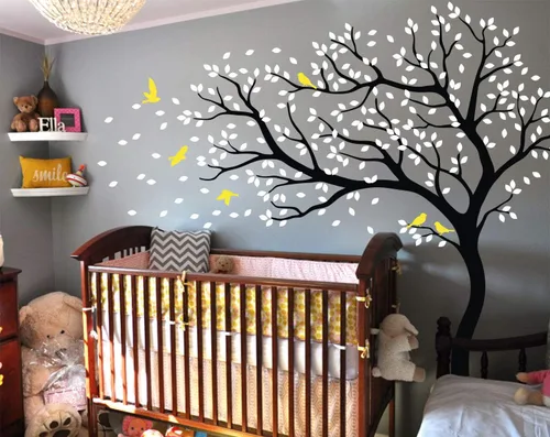 Vista 9 de Vinilo decorativo para pared de árbol grande con pájaros y hojas que soplan en el viento, adhesivo mural de bosque