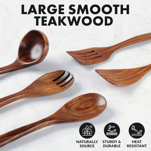 Vista 2 de Zulay Kitchen Juego de 5 cucharas de madera extragrandes - Utensilios de cocina de teca lisa - Cucharón, espátula, espumadera, tenedor, cuchara
