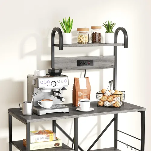 Vista 2 de JAMFLY Estante para hornear de cocina de 35.4 pulgadas con toma de corriente, mesa de café y soporte para horno microondas, estante de Gris