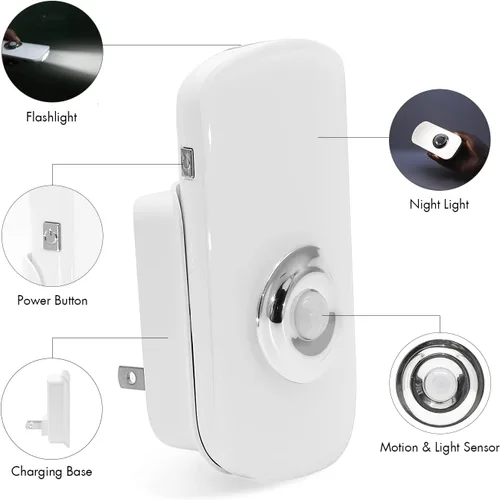 Vista 2 de Sensky Luz Nocturna con Sensor de Movimiento 3-en-1 Enchufable, Linterna Recargable, Luz de Emergencia para Dormitorio, Baño, Sala de Estar
