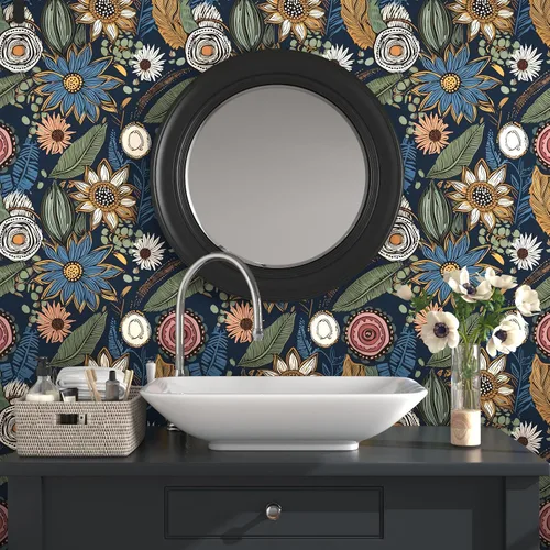 Vista 2 de Papel tapiz bohemio para despegar y pegar, papel de contacto floral vintage oscuro, papel de pared retro de flores botánicas autoadhesivo