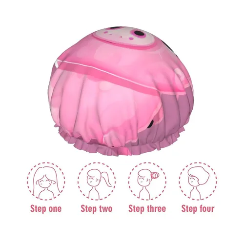 Vista 7 de Gorro de ducha reutilizable con estampado de cerdo rosa para mujer, doble capa impermeable, gorro de baño de secado rápido