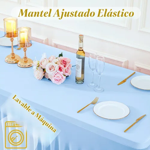 Vista 7 de Paquete de 2 manteles color azul bebé para mesas rectangulares de 6 pies, mantel ajustable de elastano, fundas de mesa elásticas de 6 pies, manteles
