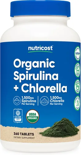 Vista 6 de Nutricost Espirulina orgánica + clorella (3,000 mg) 180 tabletas - USDA Organic, 1,500 mg de espirulina, 1,500 mg de clorella, vegano, sin OMG, sin
