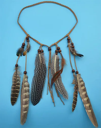 Vista 6 de Diadema de plumas indias, tocado ajustable marrón, borlas tribales de plumas, cuerda de cáñamo para carnaval, disfraz hippie, fiesta, festival