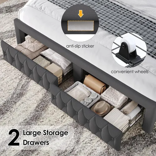 Vista 6 de Keyluv - Base de cama Queen con luces LED y 2 cajones de almacenamiento, plataforma tapizada en terciopelo con cabecera de 47" de altura