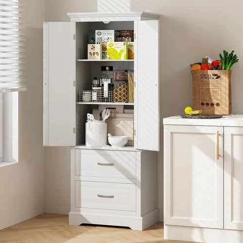 Vista 2 de LOKO Moderno armario alto para despensa de cocina, 62 pies de alto, blanco, grande (24 x 16 x 62 pies), 2 estantes ajustables, 2 cajones grandes
