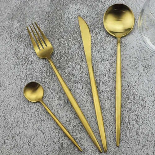 Vista 13 de Juego de cubiertos de oro mate, 5 piezas de acero inoxidable 18/10 con acabado satinado, servicio para 1, cuchara tenedor de cuchillo con pajitas