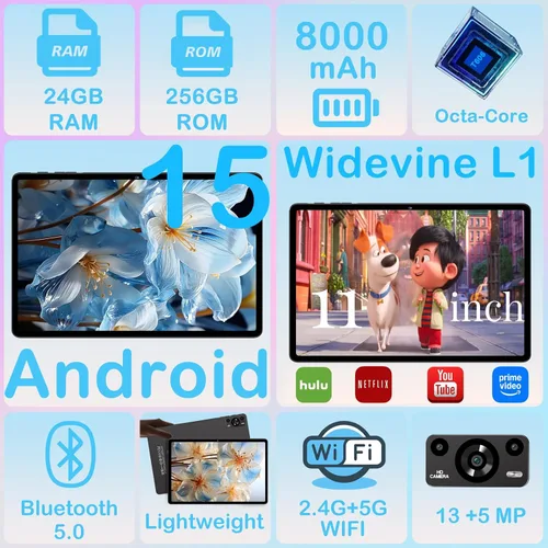 Vista 2 de Tablet de 11 pulgadas, tabletas Android 15 2025 con Octa Core, 24GB+256GB, cámara de 13+5MP, tabletas electrónicas con Widevine L1, batería