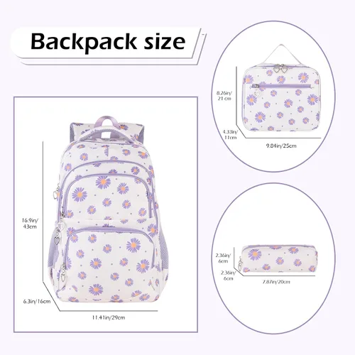 Vista 44 de goldwheat Mochilas impresas margaritas con paquete de almuerzo, estuche de lápices 3pcs, bolsa ligera resistente al agua para la escuela secundaria