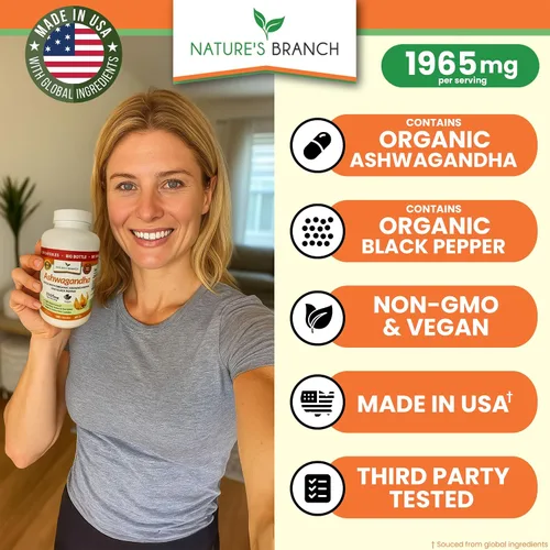 Vista 2 de Ashwagandha orgánica certificada por UDAF con pimienta negra, 1965 mg - Extra fuerte para el estrés, el sueño, el estado de ánimo, la tiroides