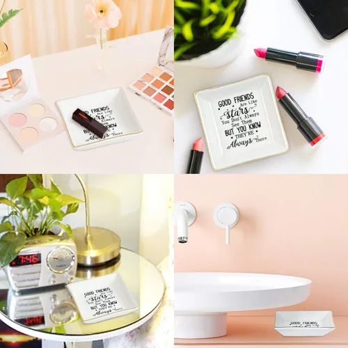 Vista 5 de NatuBeau Regalos para amigas para mujeres, plato de cerámica para anillos con texto en inglés "Good Friends are Like Stars", bandeja de joyería