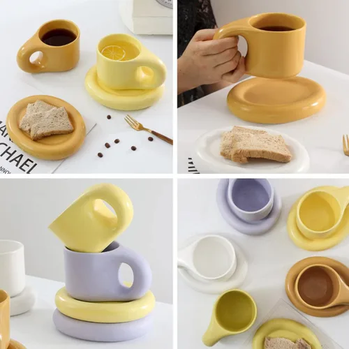 Vista 5 de Taza de café de cerámica, juego de tazas de café de cerámica de 10 onzas, tazas de capuchino de porcelana para café con leche, juego de tazas