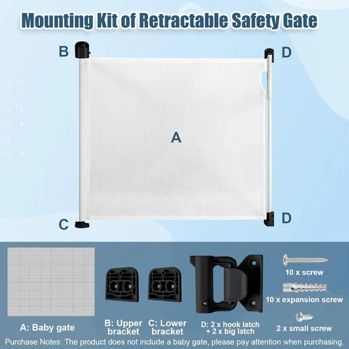 Vista 5 de Piezas de repuesto retráctiles para puerta de bebé, para puertas de malla, perro retráctil, incluye pestillos tornillos de soporte de montaje, kit