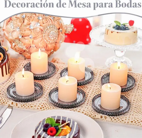 Vista 2 de Platos de vela de cristal, plato de vela de cristal negro, plato portavelas de cristal, pequeños posavasos redondos de vidrio para centro de mesa
