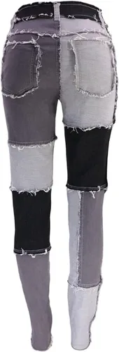 Vista 2 de vanberfia - Pantalones elásticos de cintura media para mujer, diseño retazos de mezclilla