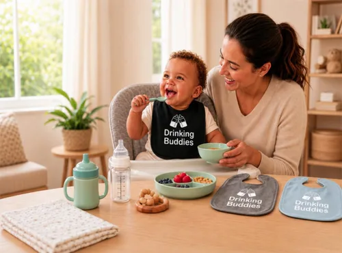 Vista 2 de 100% Cotton Drinking Buddies Twin Bibs Cute & Practical Unisex Bibs for Twins with Waterproof, Durable, for Everyday Use