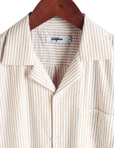 Vista 4 de VATPAVE Camisa de verano a rayas para hombre, casual, con botones, de manga corta, camisas de playa de algodón para hombres