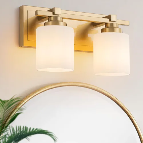 Vista 29 de 1 Luminaria Moderna de Baño sobre Espejo, Luces de Tocador Negro Dorado para Apliques de Pared de Baño con Pantallas de Vidrio Blanco Lechoso