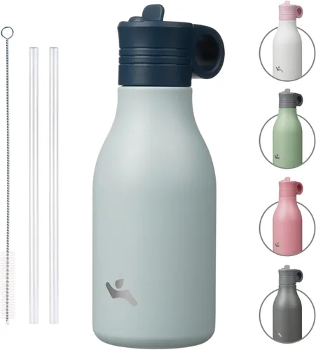 Vista 14 de Konokyo Botella de agua de acero inoxidable de 12 onzas con popote, botella de agua de viaje de metal aislada, reutilizable y a prueba de fugas, sin